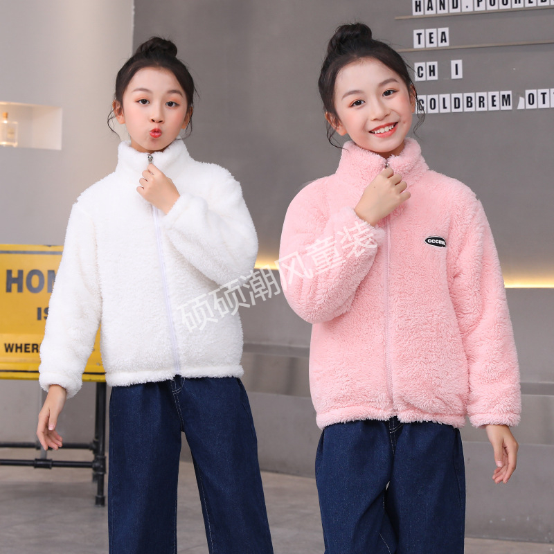 新款儿童毛绒立领法兰绒洋气冬季秋冬时尚女童毛毛衣女童秋外套
