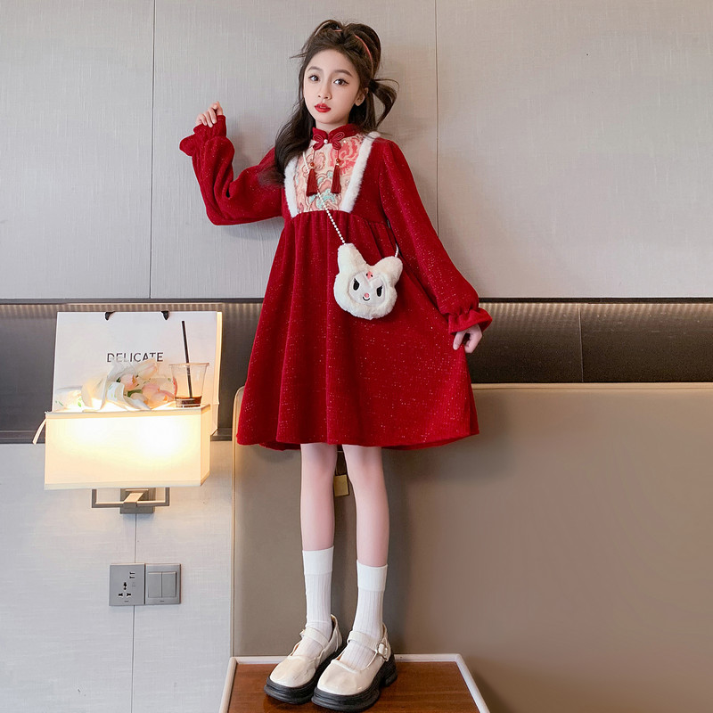 女童秋冬加绒连衣裙2023新款儿童红色冬装公主裙女大童6-15拜年服