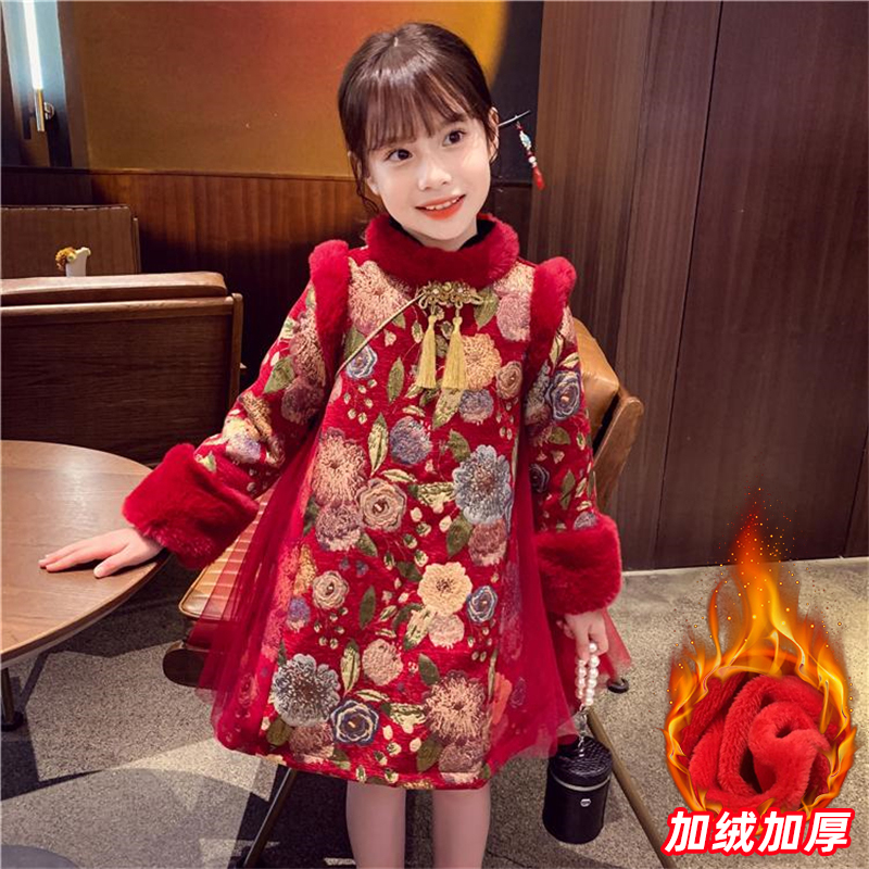 女童中国风旗袍裙加绒连衣裙冬装2023新款洋气儿童唐装拜年服冬季