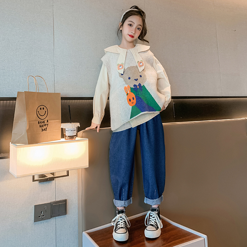 女童套装2023秋季新款中大童洋气时尚衬衫毛衣马甲搭老爹裤三件套