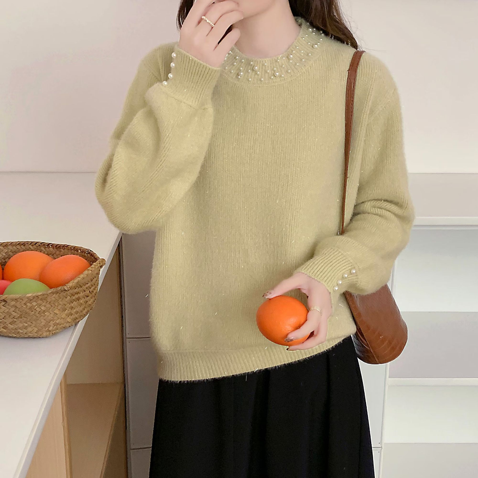 不起球 毛茸茸又柔又软糯水毛毛订珠圆领毛衣针织衫女