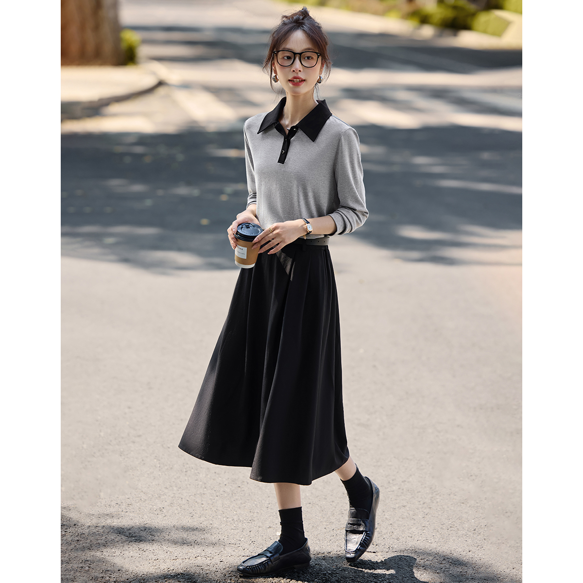 沫晗依美【奥莱】撞色POLO领百褶裙套装2024春秋休闲百搭显瘦女套装