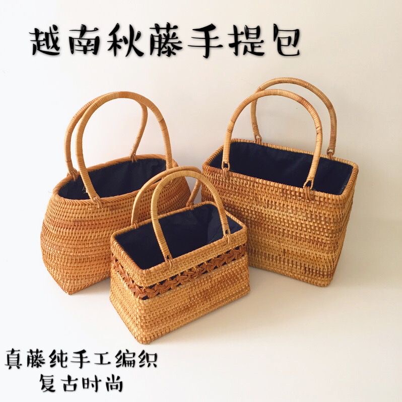 越南进口秋藤编手提包 草编包森系篮子篓子复古文艺手工编织女包