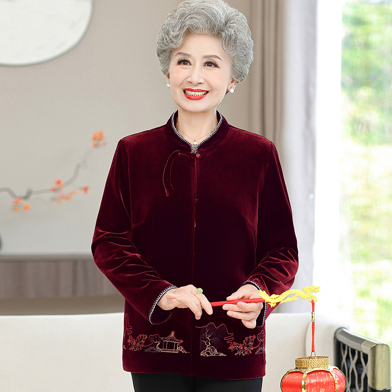 奶奶秋装金丝绒衬衫上衣中老年妈妈春秋天宽松衬衣薄外套唐装婆婆