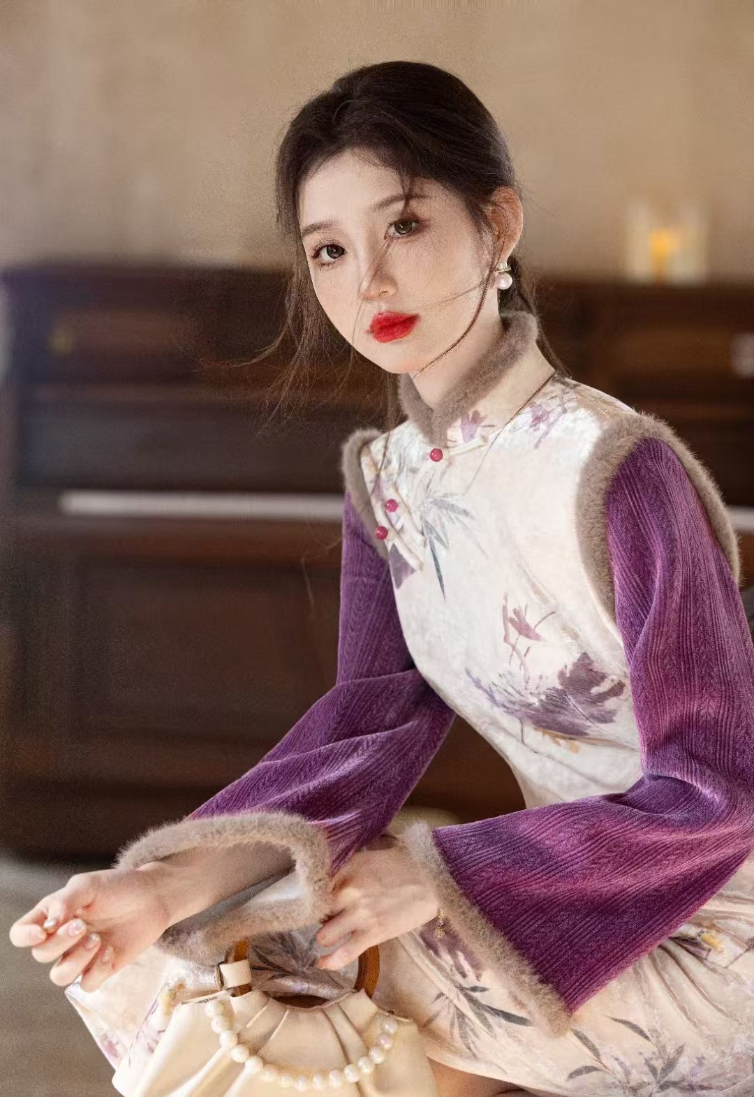 【为伊-紫藤花】新中式冬季加厚国风改良假两件日常时尚气质旗袍裙