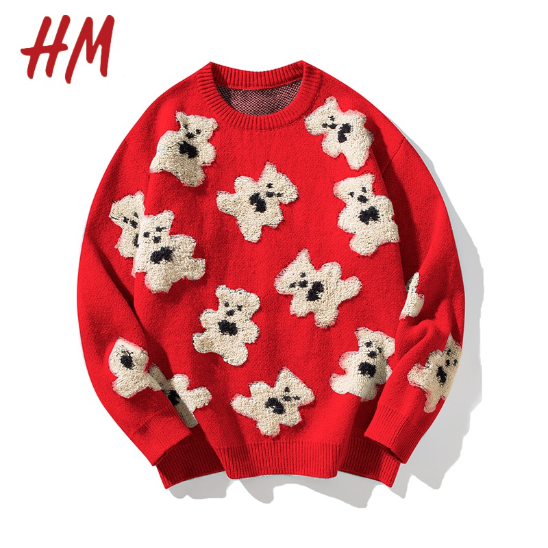 HM官方旗舰店2024年新款龙年本命年小熊红色时尚潮流原创针织衫毛