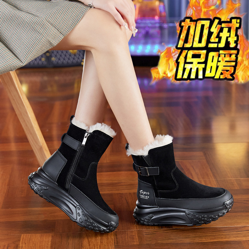 红蜻蜓牌真皮雪地靴女短靴加绒冬季保暖棉鞋2023新款马丁厚底内增