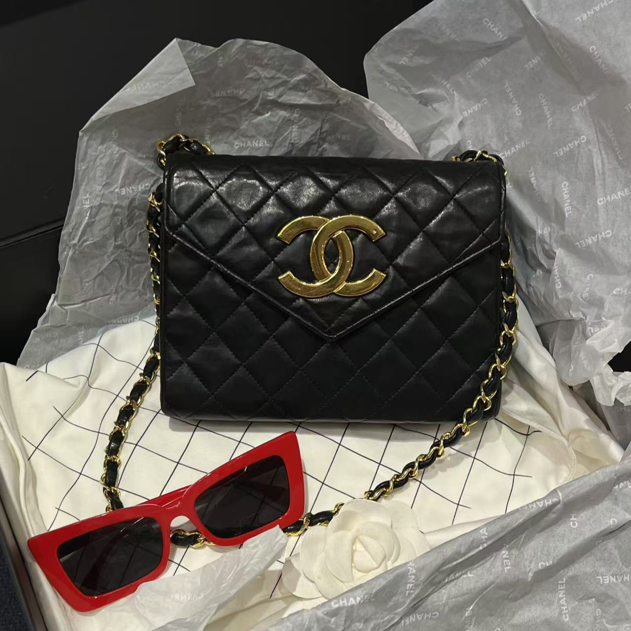 95新 Chanel/香奈儿 黑金双Clogo信封单肩包0开标卡齐G6426