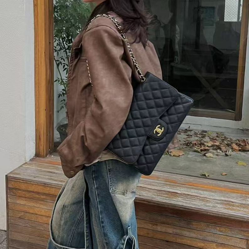 95新 Chanel/香奈儿 黑金荔枝纹Jumbo单肩包标卡齐18开B677