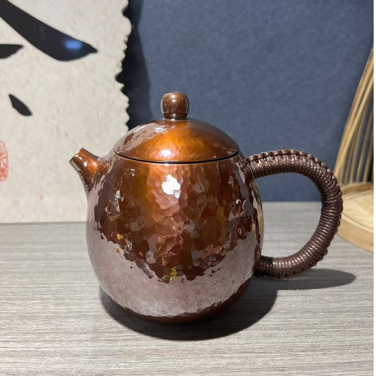 300ML紫铜捶纹耳把龙蛋闷泡壶 铜壶 闷泡壶 茶道工具 茶壶 泡茶壶