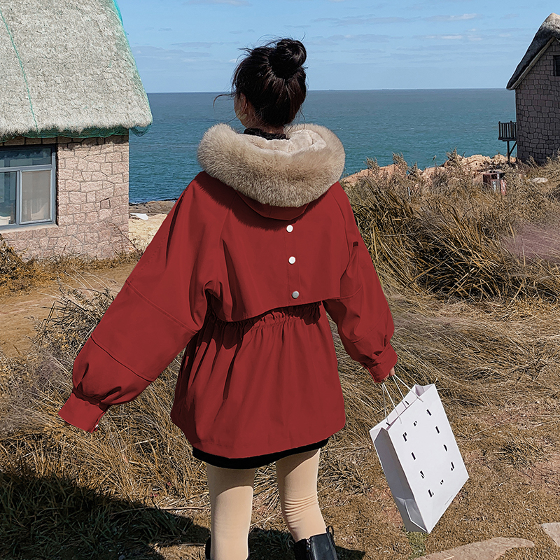 红色派克服女2023年冬季新款小个子韩版宽松收腰加绒加厚棉服外套