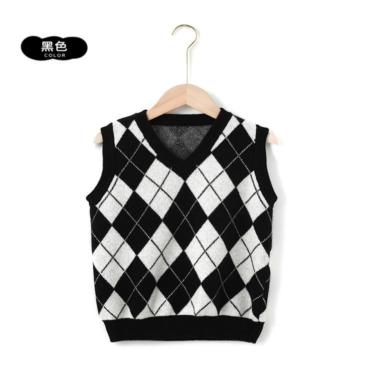 （年终清仓）男女童v领针织马甲秋冬新款加厚羊毛背心菱形格子马甲
