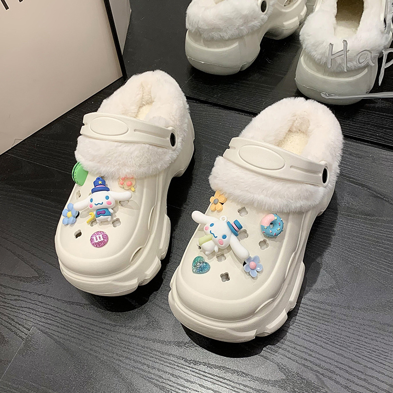 可爱DIY加绒厚底高跟洞洞鞋女士冬季网红外穿保暖防滑包头棉拖鞋