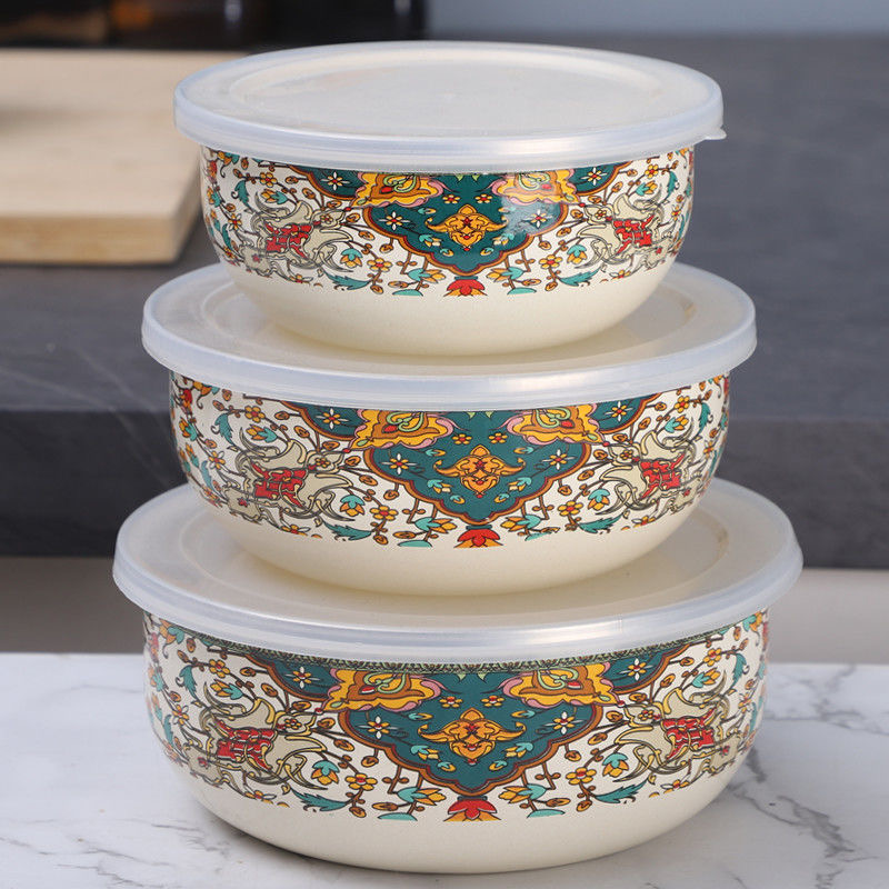 加厚珐琅搪瓷带盖三件套保鲜碗储藏密封碗冰箱保鲜套碗【俄罗斯】