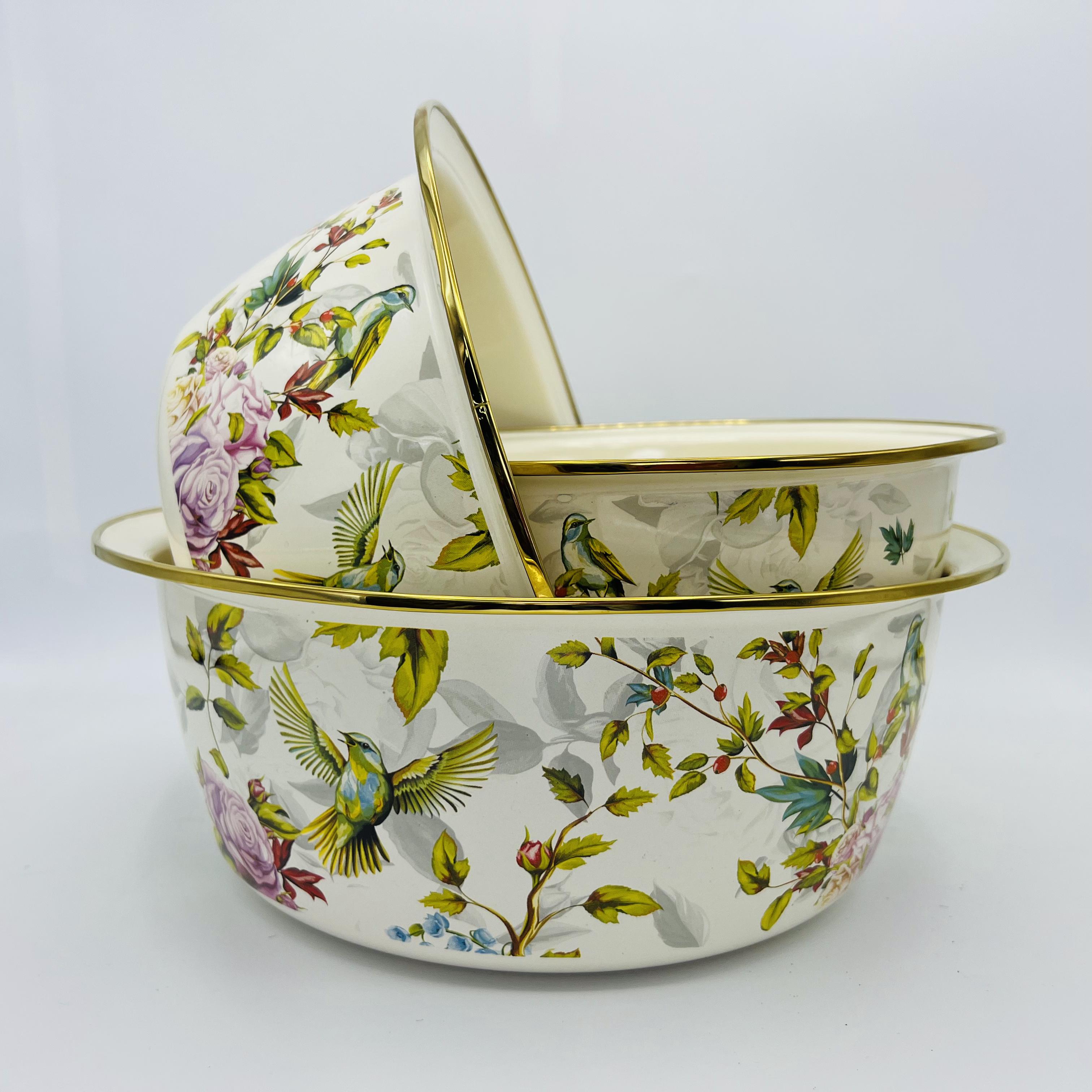 24/28/32cm珐琅彩搪瓷金边花鸟三件套带盖和面盆加厚洗菜盆汤盆