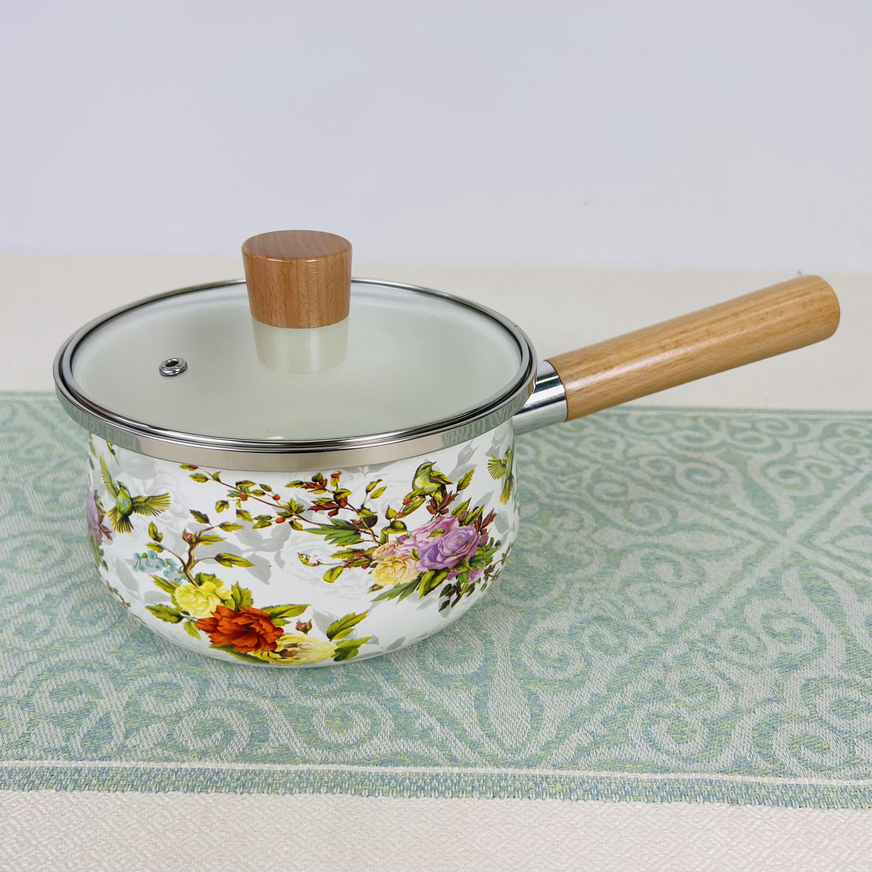 18cm花鸟搪瓷单柄奶锅煮面宝宝辅食锅珐琅加厚小汤锅（不挑灶具）