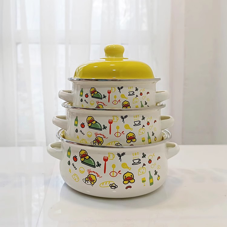 卡通小黄鸭搪瓷锅16cm18cm20cm加厚珐琅汤锅宝贝辅食锅带盖煮面锅