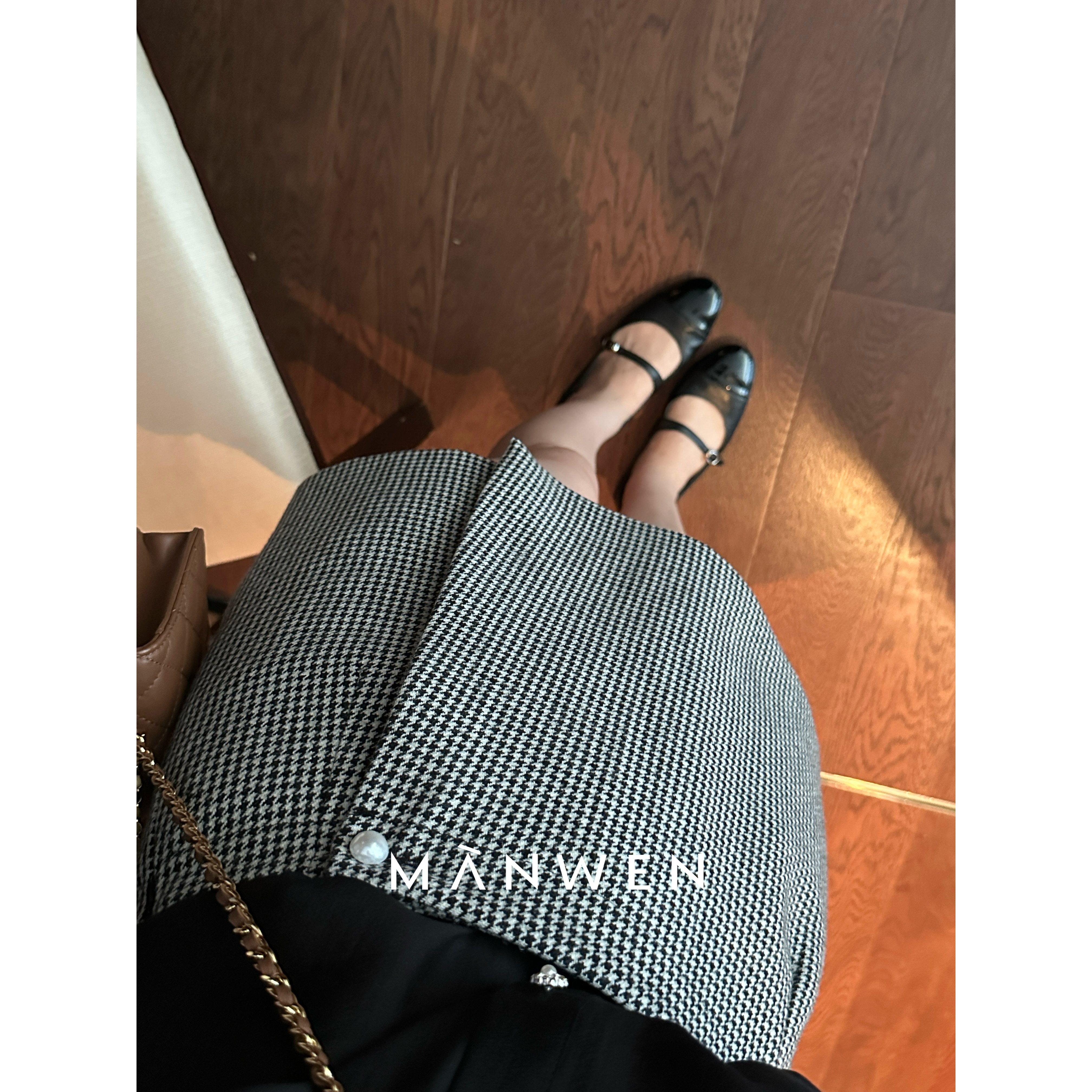 【曼文kiki】曼德拉 一粒珍珠扣千鸟格裙裤 MANQ064