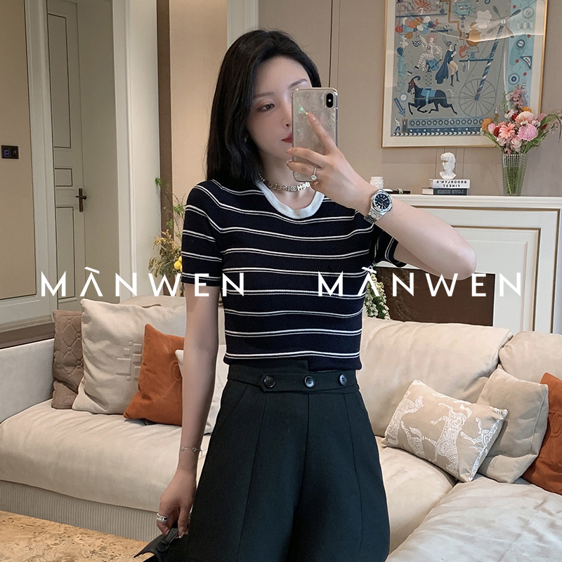 【曼文kiki】 无法抗拒的舒适感 条纹chao细美丽诺针织短袖MAN213