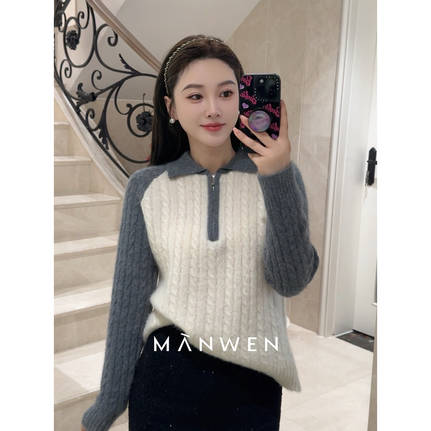 【曼文kiki】高阶时髦 拼色半拉链100山羊绒毛衣 MANQ528