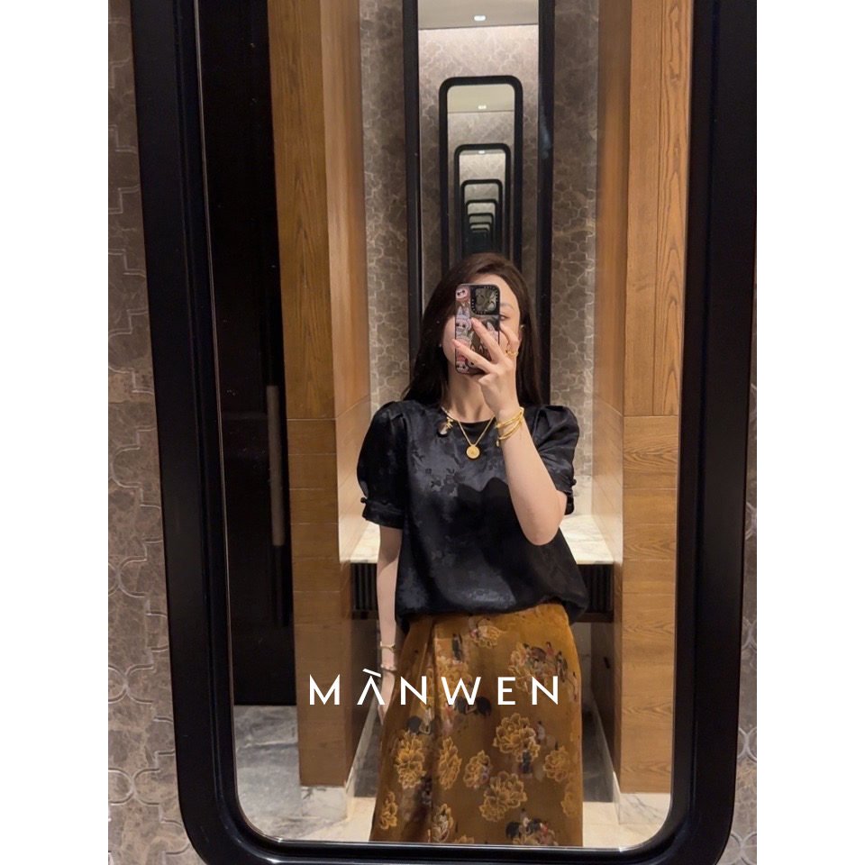 【曼文kiki】“墨染苍兰”复古真丝提花国风盘扣衬衫 MANC536