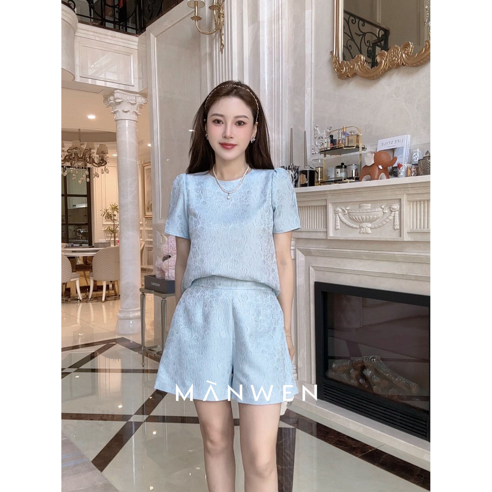 【曼文kiki】“蓝玫瑰”清雅玫瑰提花宽松显瘦修身套装 MAN557