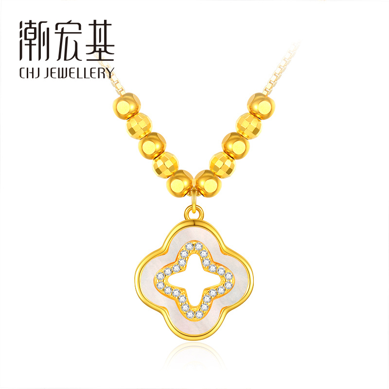 链子925银 潮宏基幸运女神银项链双面镶嵌套链镶钻吊坠节日礼物