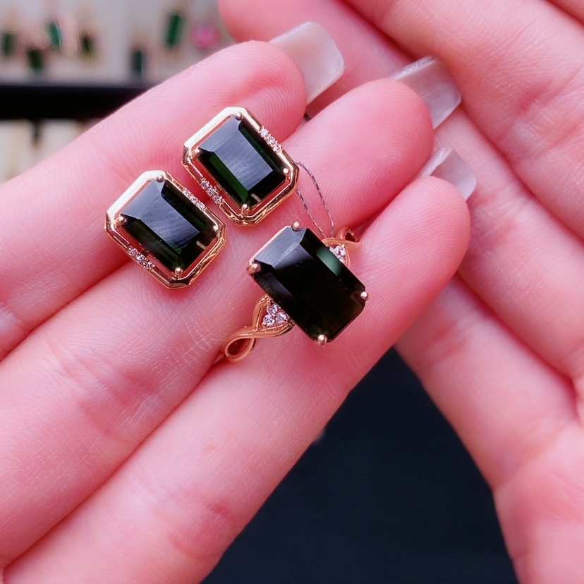 【闪购商品】碧玺耳钉戒指18K金镶嵌