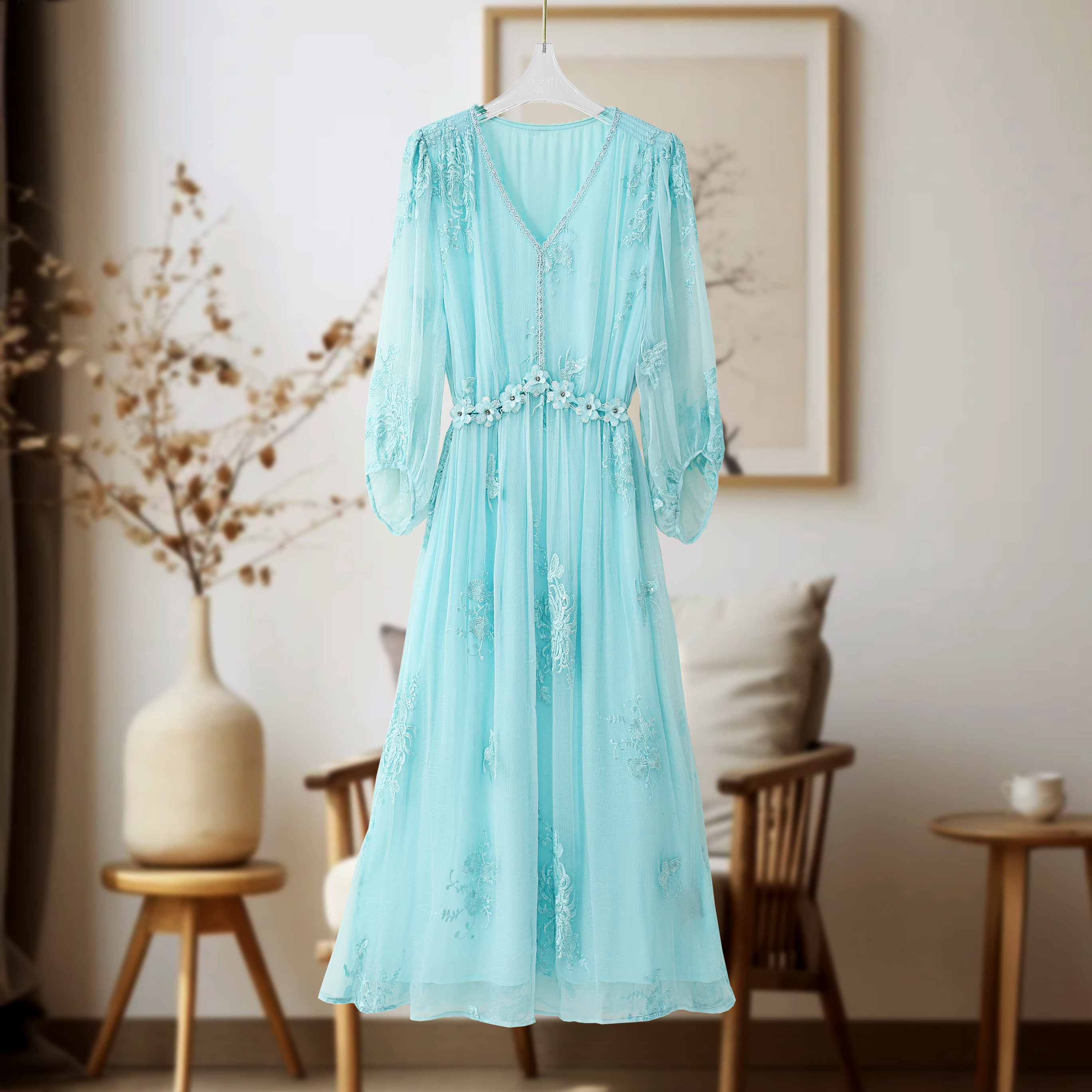 “裳玥丝绸”真丝连衣裙100%桑蚕丝刺绣系带V领真丝女装连衣裙女士