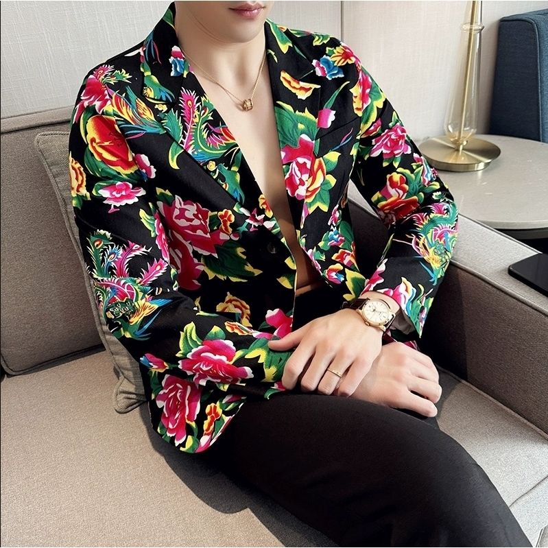 时尚东北大花西服套装男高级感修身韩版痞帅休闲印花西装花纹外套