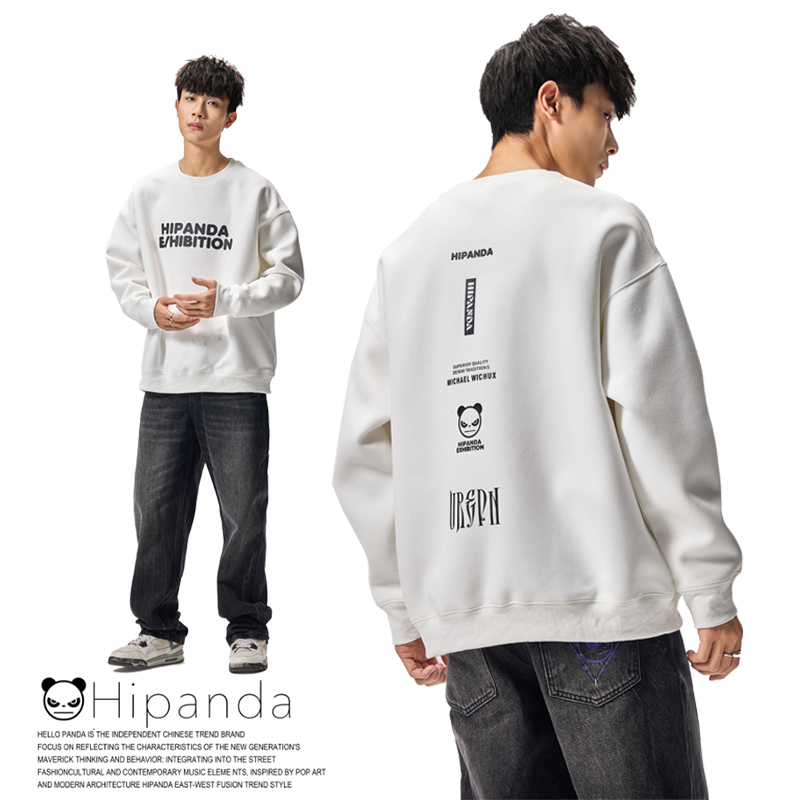 HiPanda春季新品阔版圆领卫印花打底衫情侣宽松套头长袖