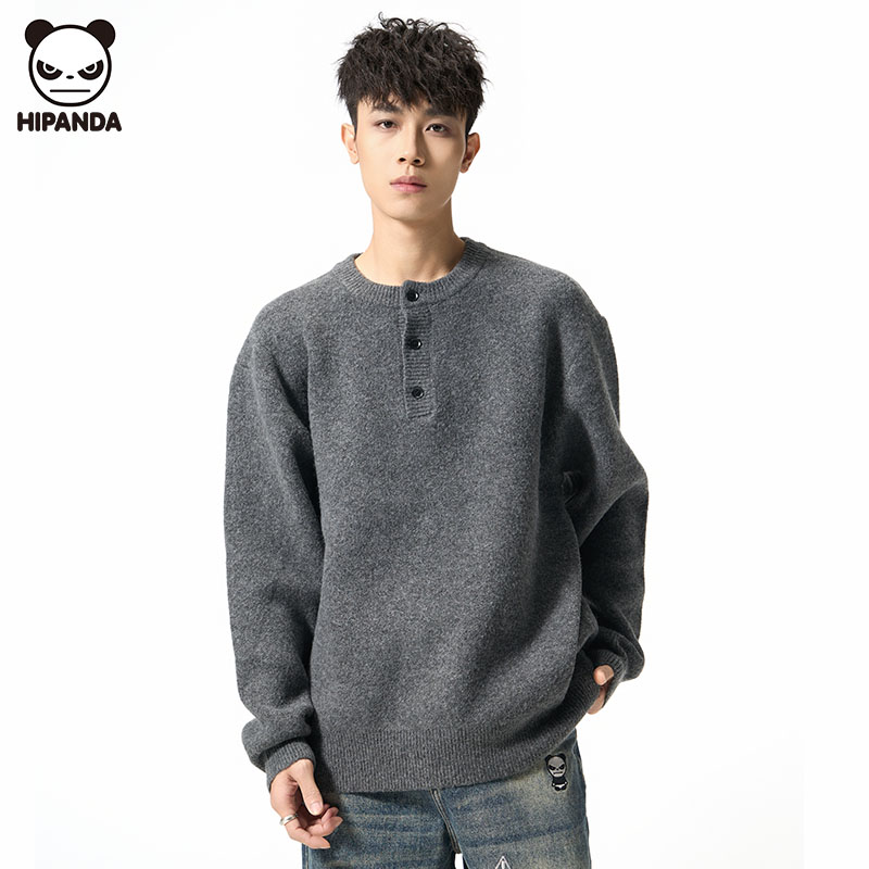 HiPanda秋冬简约纯色保暖毛衣男士圆领长袖休闲百搭宽松男女同款