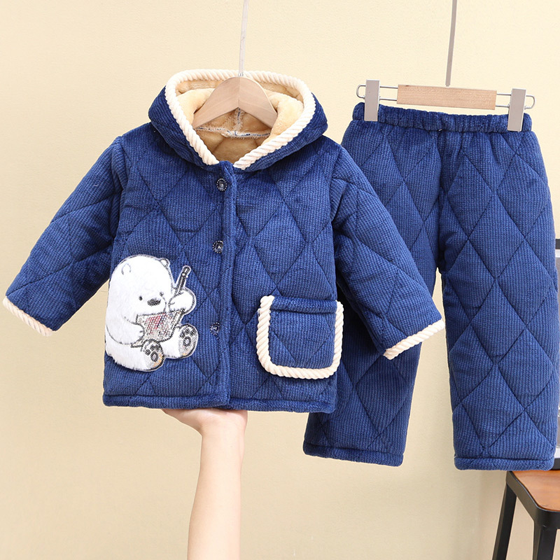 冬季儿童睡衣特厚法兰绒男女童宝宝中小童保暖三层夹棉家居服套装