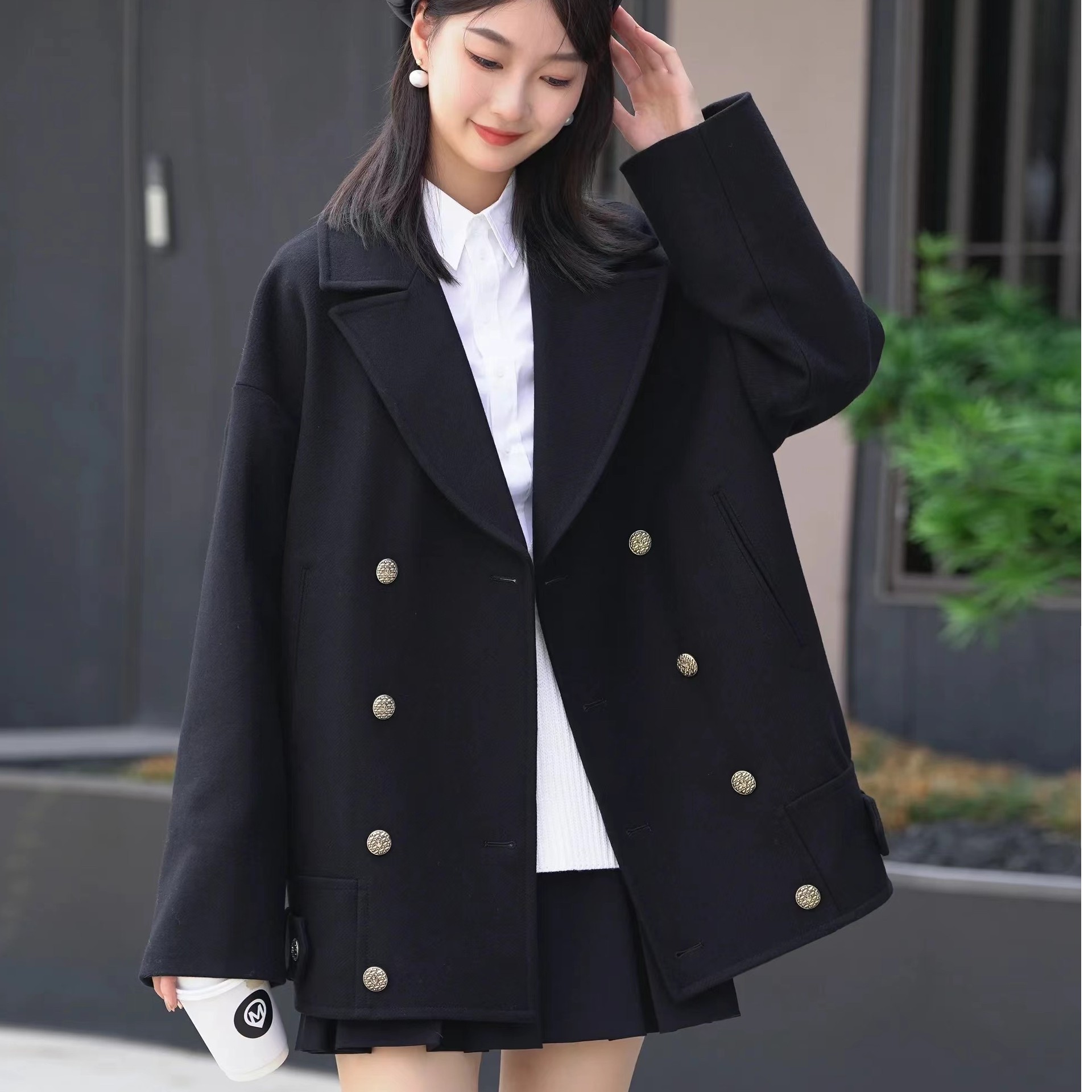 AMASS/阿玛施宽松韩版绵羊毛经典双排扣毛呢大衣夹克外套/5400821