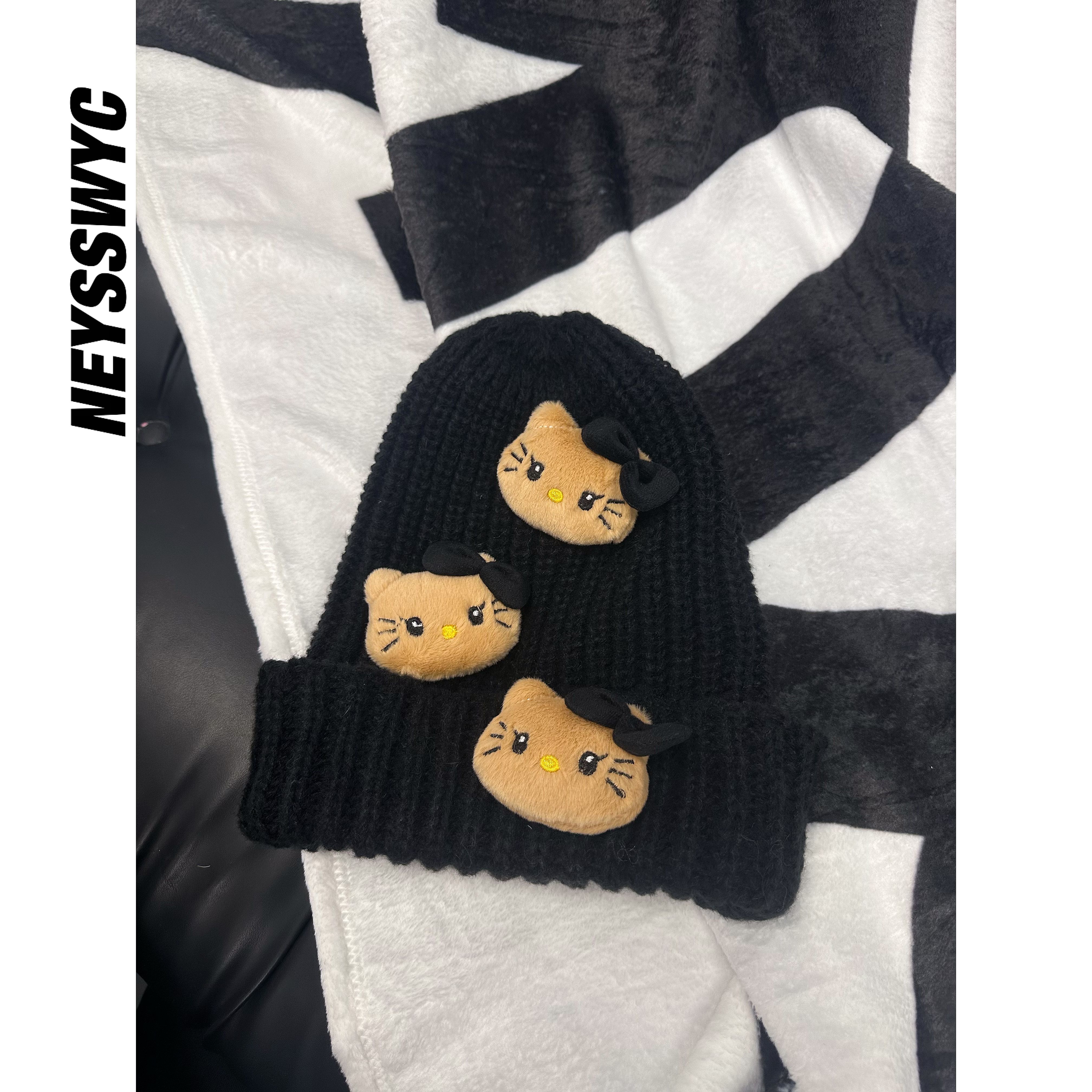 NEYSSWYC 毛绒手作立体针织毛线帽黑色冷帽秋冬搭配百搭小众可爱