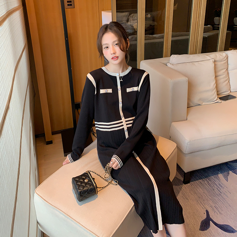 百穿不厌~时髦小香撞色显瘦针织裙孕妇内搭连衣裙名媛