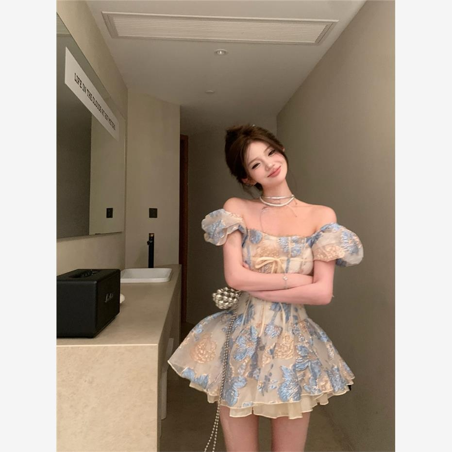 法式提花一字肩短袖连衣裙女夏季感蓬蓬短裙子气质收腰a字裙