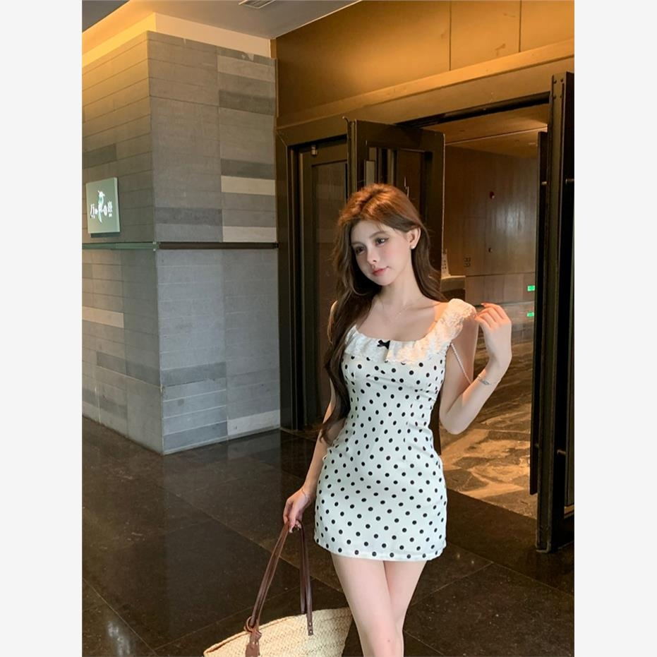 蝴蝶结蕾丝花边波点背心连衣裙女夏季纯欲短裙白色裙子收腰包臀裙