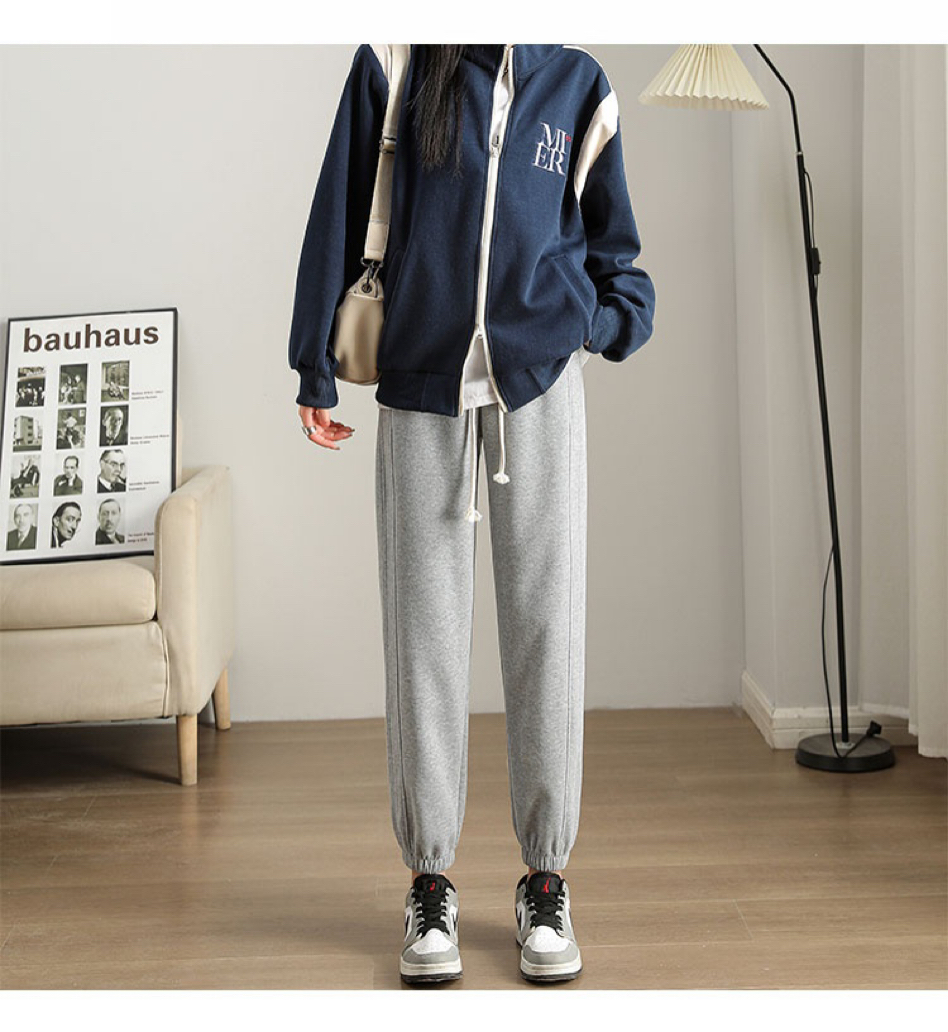 灰色显瘦休闲卫裤高腰女款宽松小个子加绒加厚新款摇粒绒窄版束脚