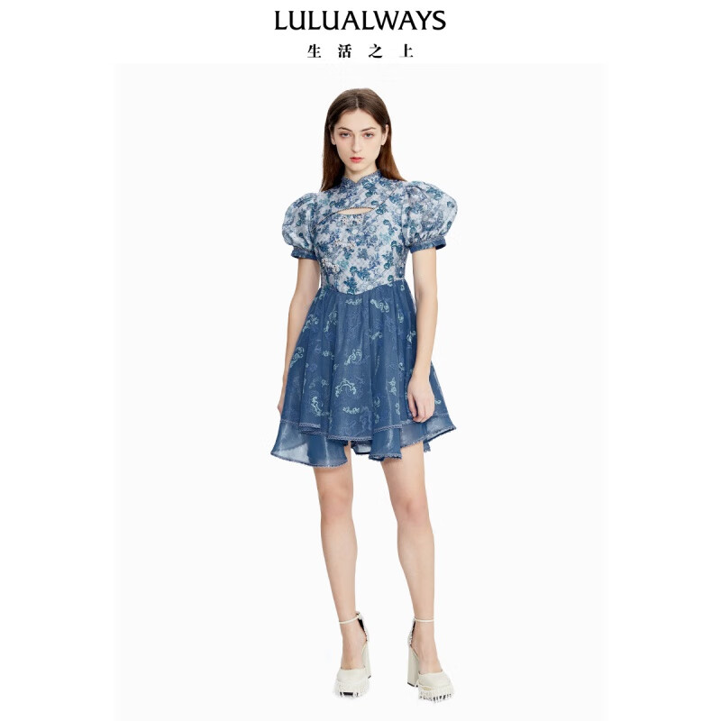 LULUALWAYS夏季新款时尚休闲新中式盘扣网纱女装连衣裙LOB5021