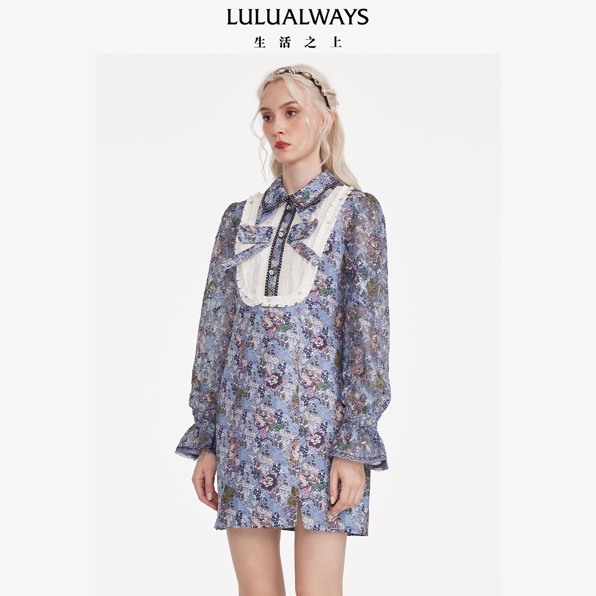 LULUALWAYS 新款复古印花蝴蝶结拼接层次感女装连衣裙 LNC517K