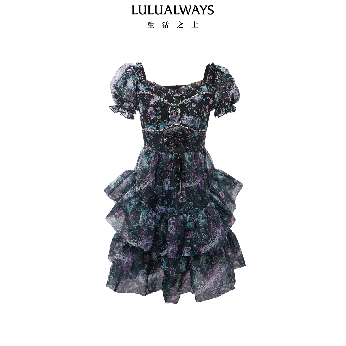 LULUALWAYS我爱露露24夏季新款宫廷风一字肩女装连衣裙OPB5057