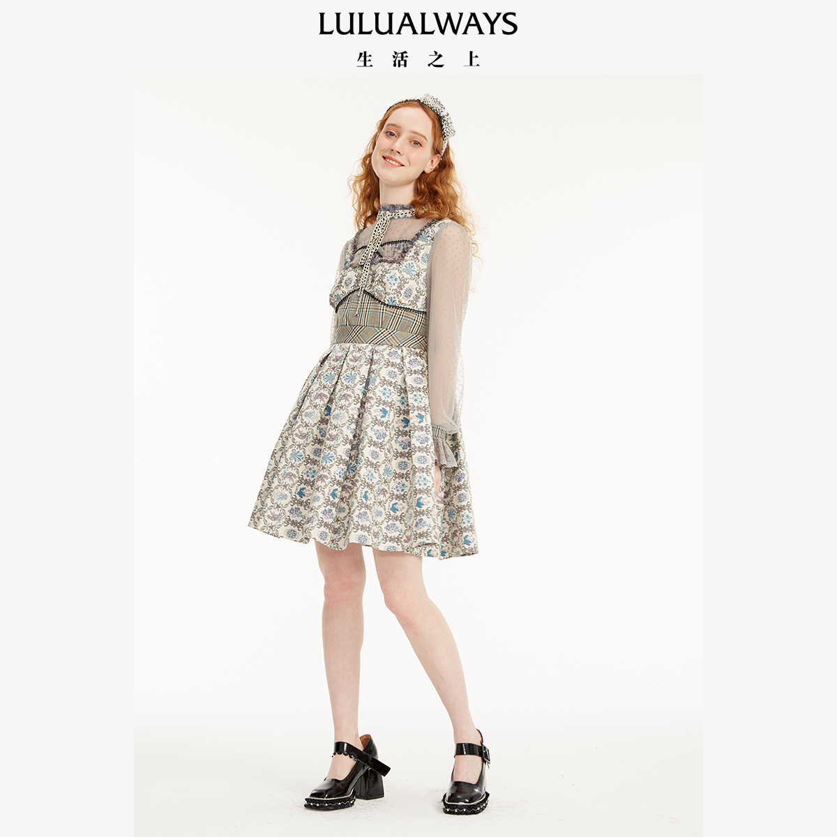 lulualways23新款优雅休闲拼接网纱系带短款女装连衣裙LOA5063