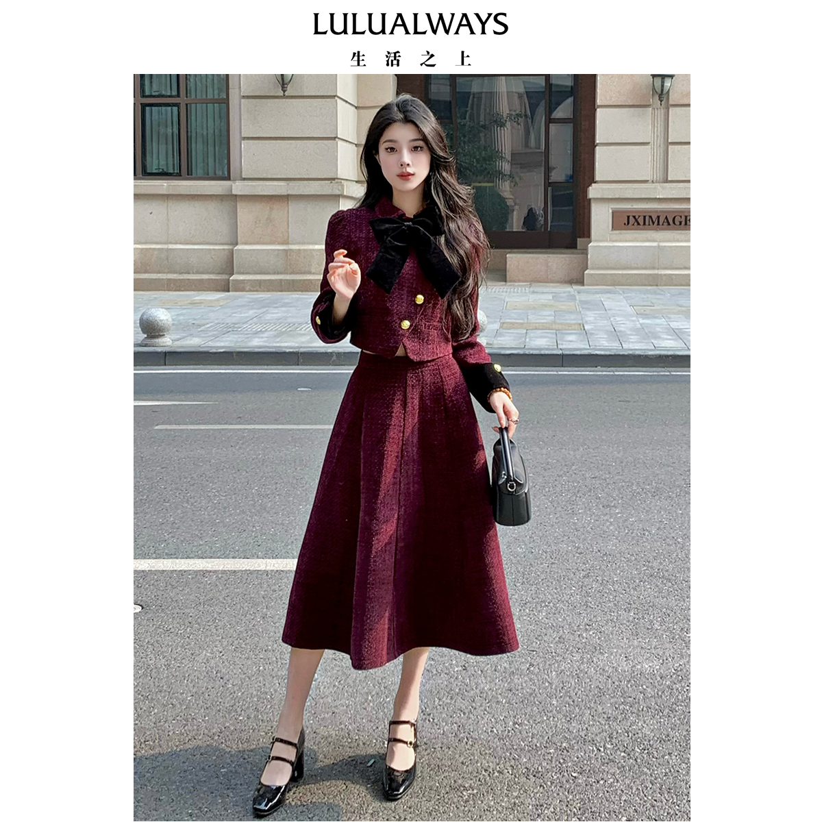 【安可拉红  雅丹风】24冬季新款小香风丝绒蝴蝶结短款外套气质