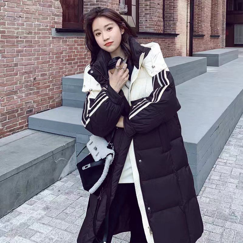 羽绒棉服女中长款2024新款加厚宽松韩版棉衣撞色拼接时尚棉袄外套