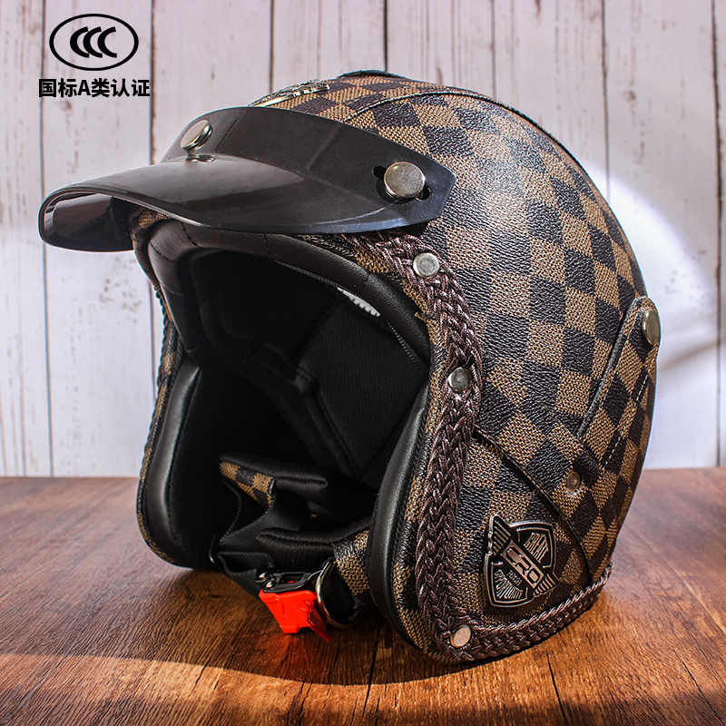 3c认证复古巡航摩托车头盔男女电动机车保暖半盔秋冬季踏板3/4盔