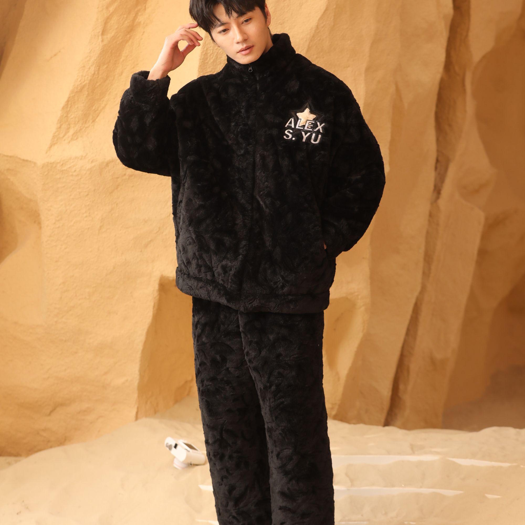 ALEX S.YU艾黎克斯原创品牌情侣睡衣冬季三层夹棉袄高领家居服