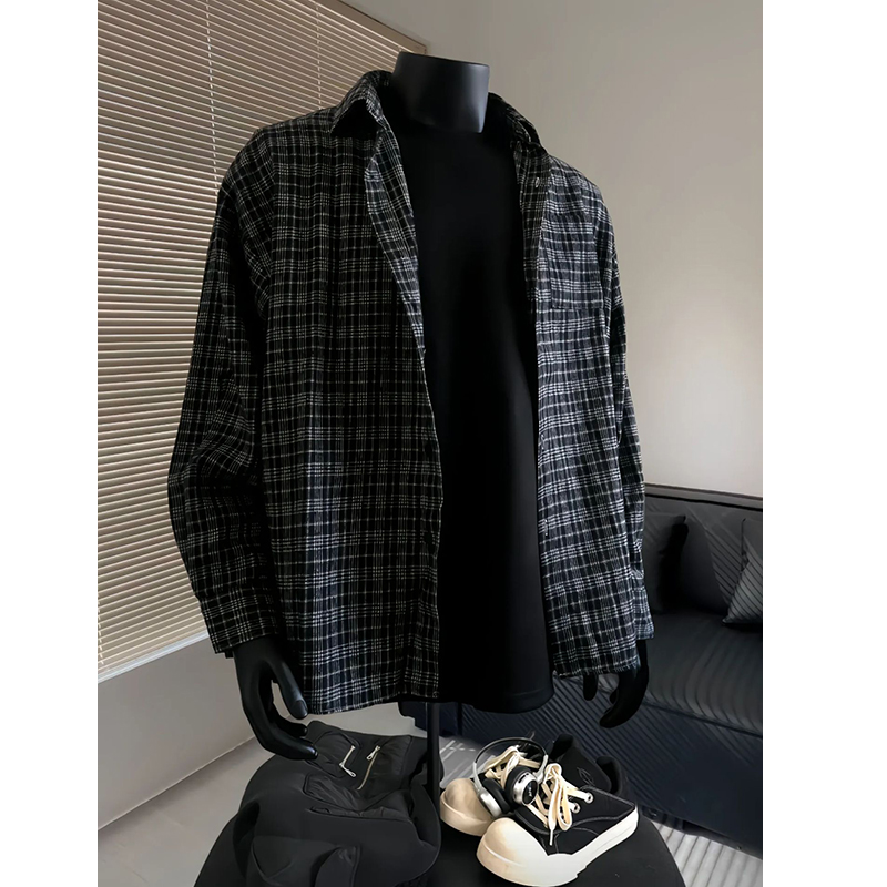 美式vintage黑色格子衬衫男春秋款高街叠穿长袖衬衣cleanfit外套