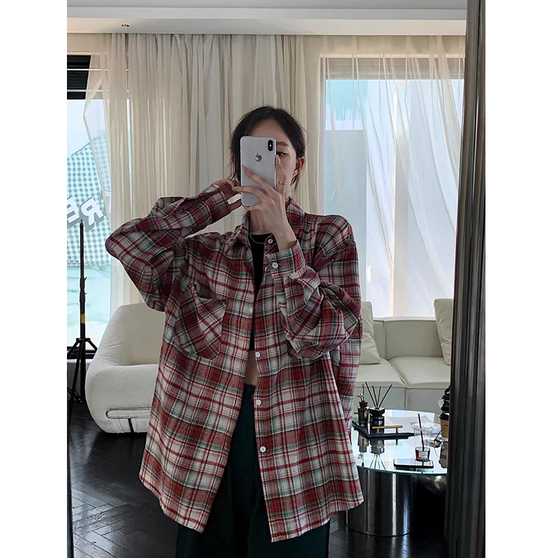 磨毛红色格子衬衫男款春秋季高级感vintage美式复古长袖衬衣外套