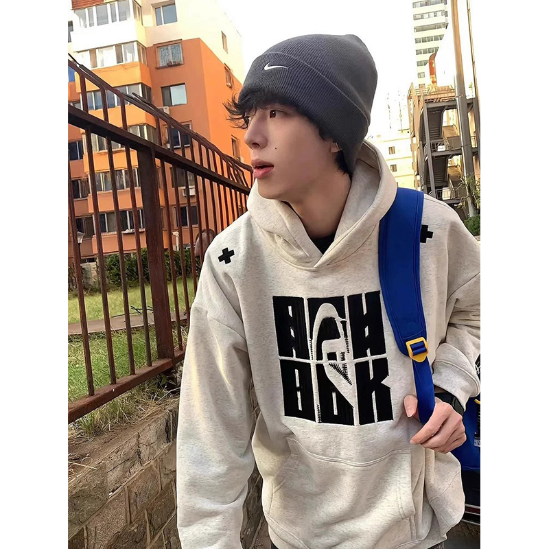 花灰色刺绣连帽卫衣男款秋冬季美式复古潮牌高级感重磅青少年外套